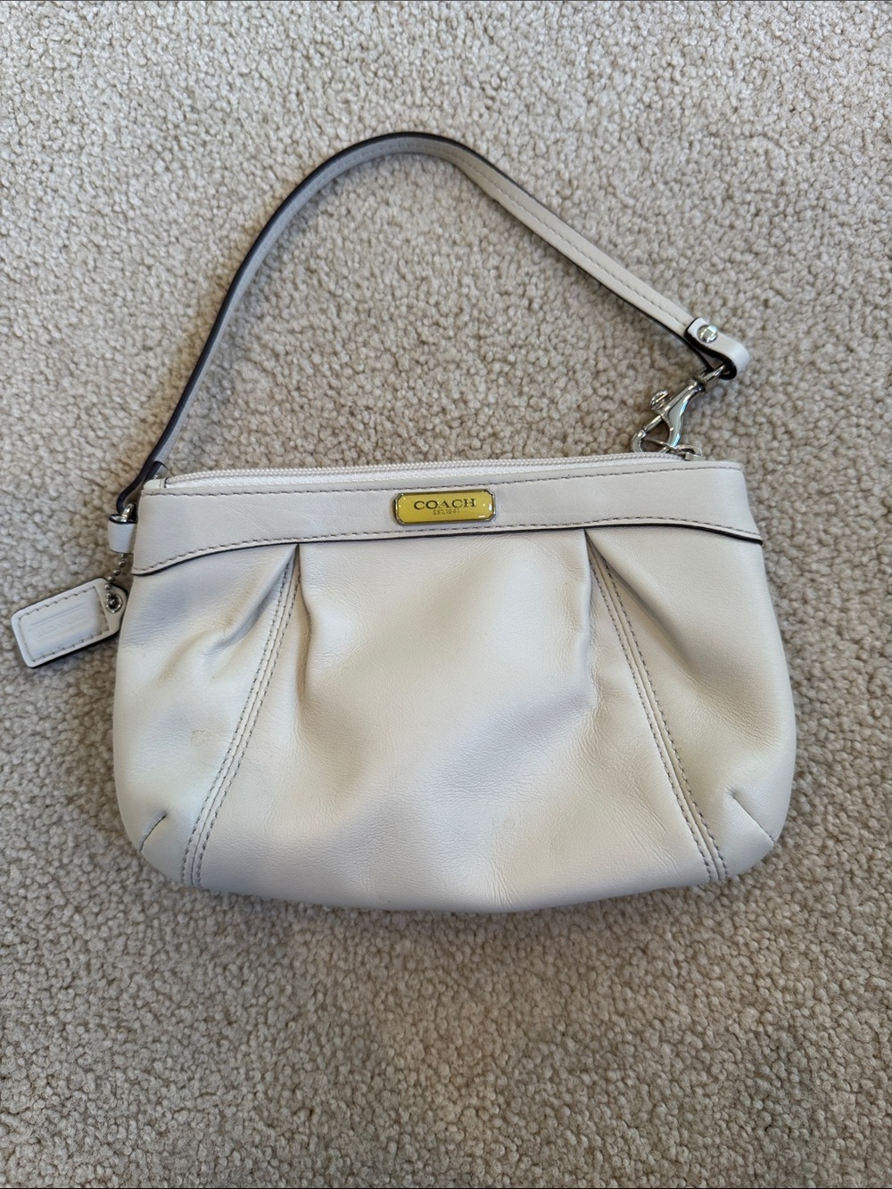 Coach Small Pebbled Leather wristlet in Cream with Gold Accent
